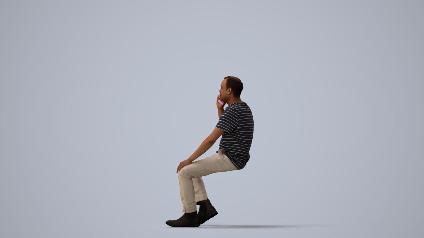 scanned 3D man casual sitting, photogrammetry people for Enscape and V-Ray, three-quarter view render