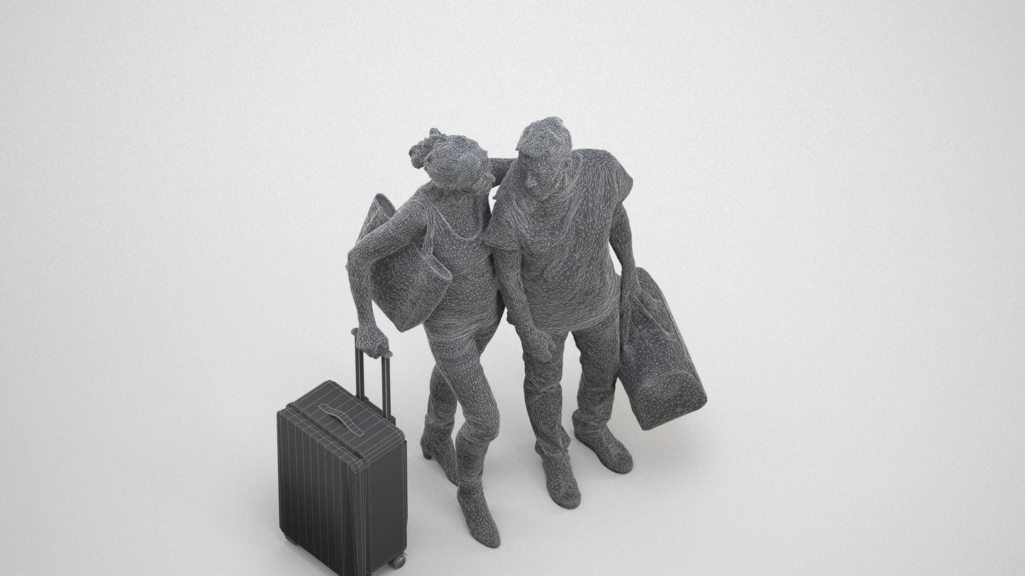 3D scanned senior woman couple casual, photorealistic archviz people for Enscape and SketchUp, wireframe three-quarter view