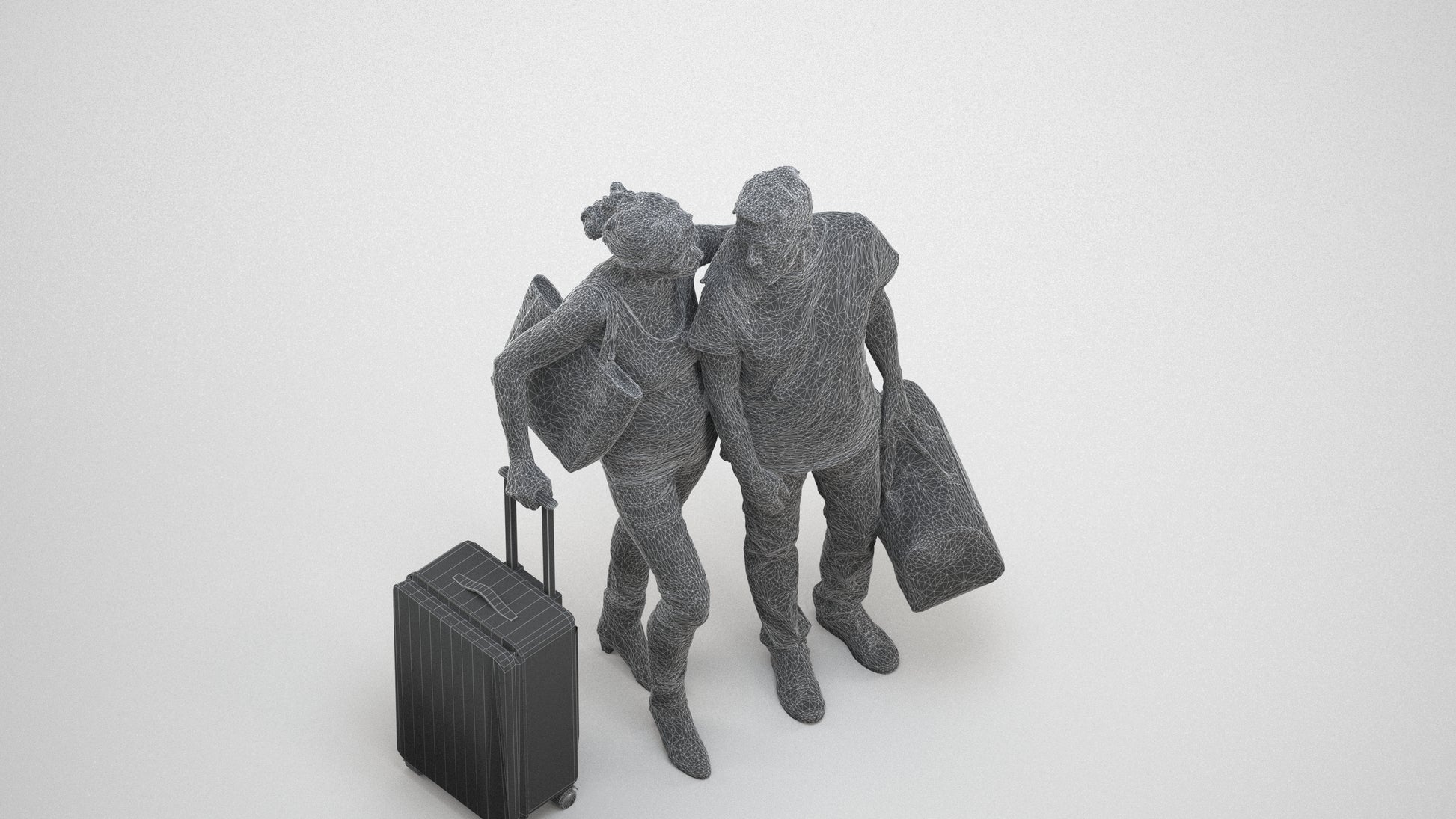3D scanned senior woman couple casual, photorealistic archviz people for Enscape and SketchUp, wireframe three-quarter view