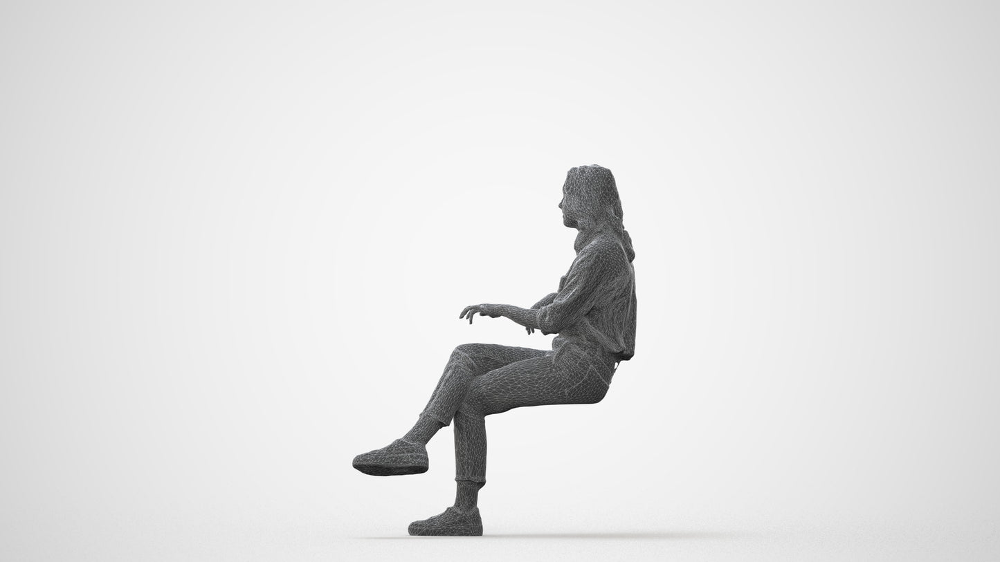 realistic 3D human woman casual sitting, archviz people FBX OBJ for Blender, square thumbnail