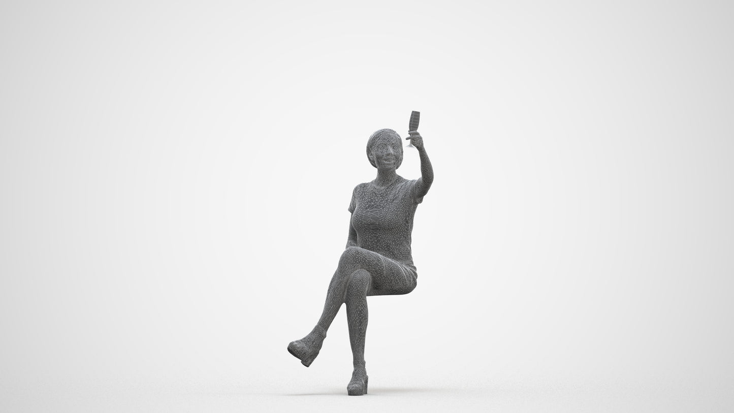realistic 3D woman sitting, scanned archviz people for Blender and 3ds Max, three-quarter front view render