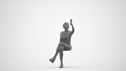 realistic 3D woman sitting, scanned archviz people for Blender and 3ds Max, three-quarter front view render