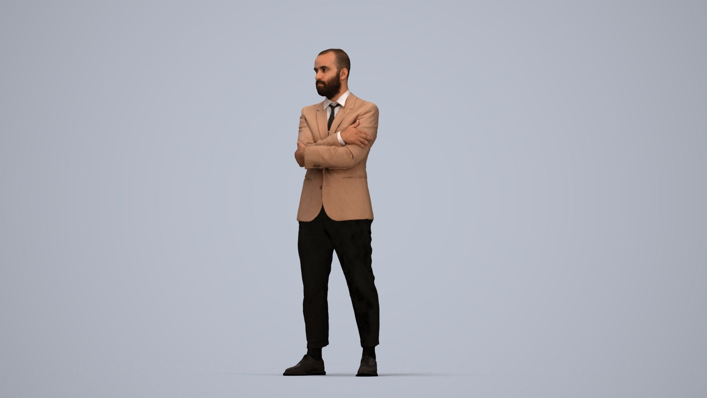 3D human model man business, photogrammetry scanned person for archviz, top-down view render