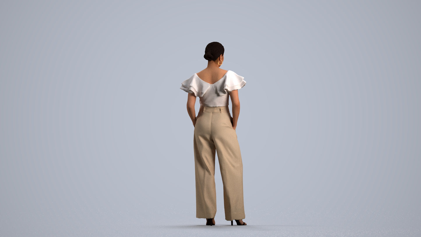 3D scanned woman standing business, photorealistic archviz people for Enscape and SketchUp, front view render