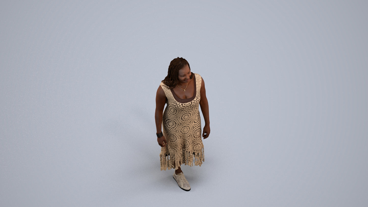 3D human model woman casual standing, photogrammetry scanned person for archviz, back view render