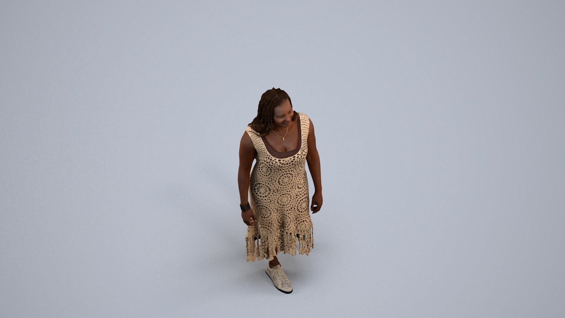 3D human model woman casual standing, photogrammetry scanned person for archviz, back view render