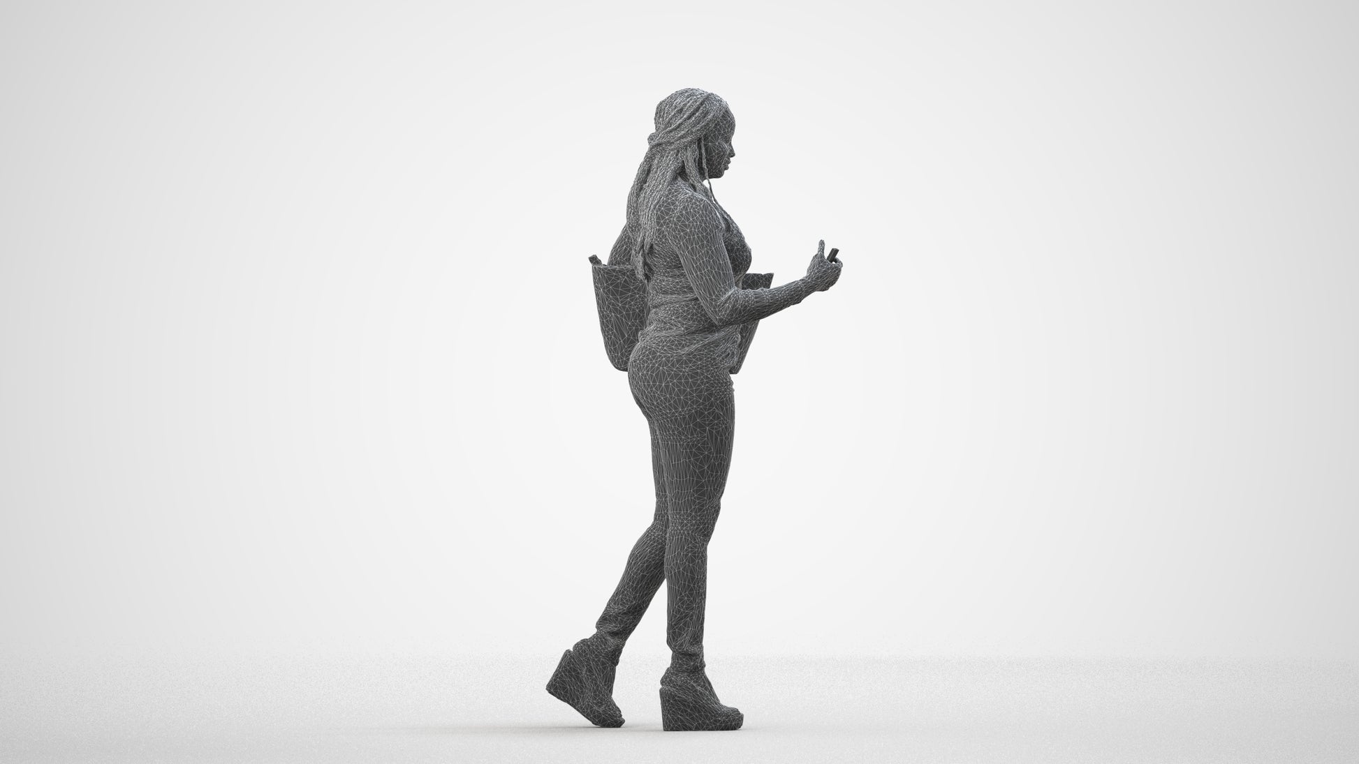 3D scanned woman walking casual, photorealistic archviz people for Enscape and SketchUp, wireframe side view