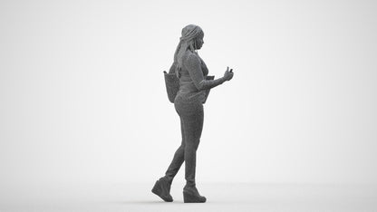 3D scanned woman walking casual, photorealistic archviz people for Enscape and SketchUp, wireframe side view