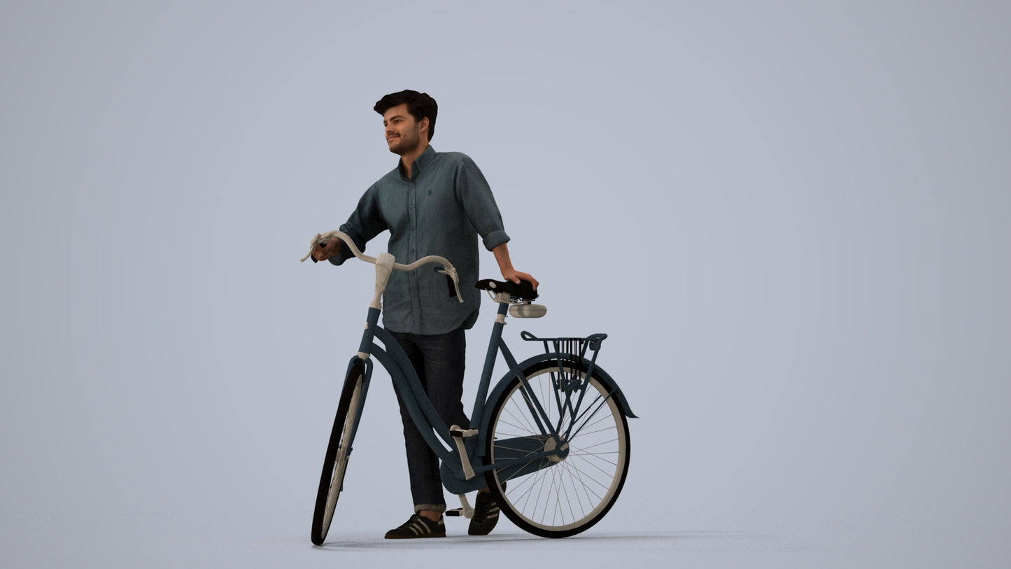 realistic 3D man casual sitting, scanned archviz people for Blender and 3ds Max, three-quarter view render