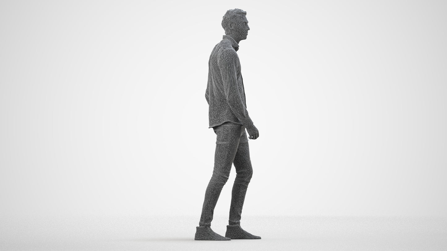 realistic 3D man casual walking, scanned archviz people for Blender and 3ds Max, wireframe side view