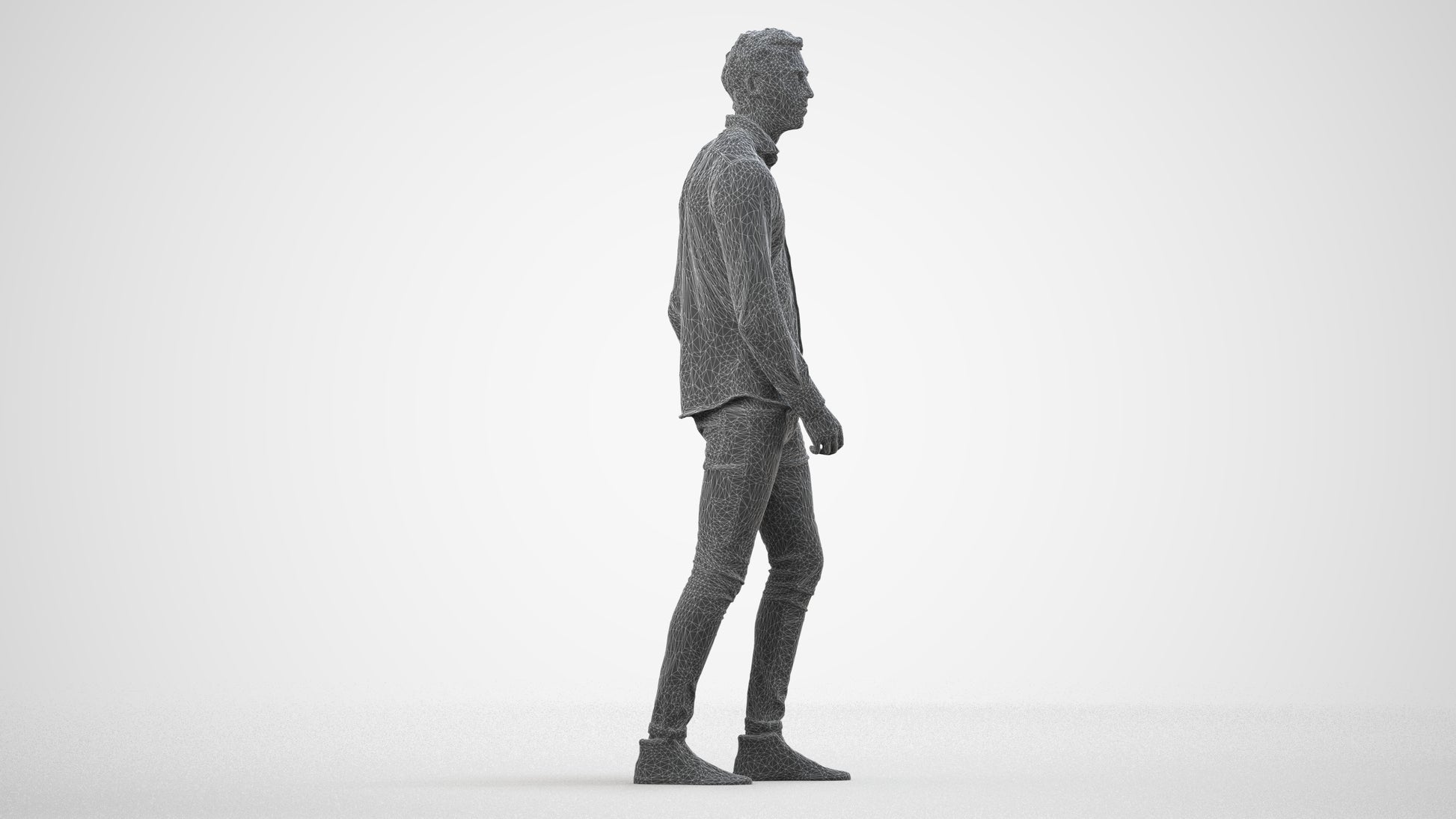 realistic 3D man casual walking, scanned archviz people for Blender and 3ds Max, wireframe side view