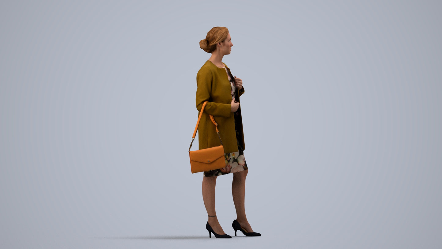3D scanned woman standing casual, photorealistic archviz people for Enscape and SketchUp, side view render