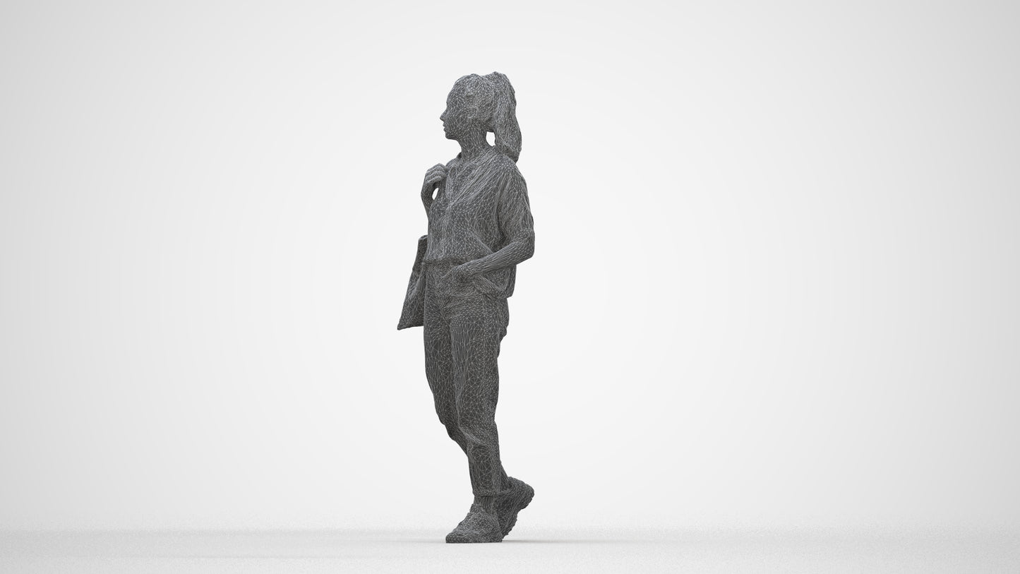 realistic 3D woman casual walking, scanned archviz people for Blender and 3ds Max, wireframe back view