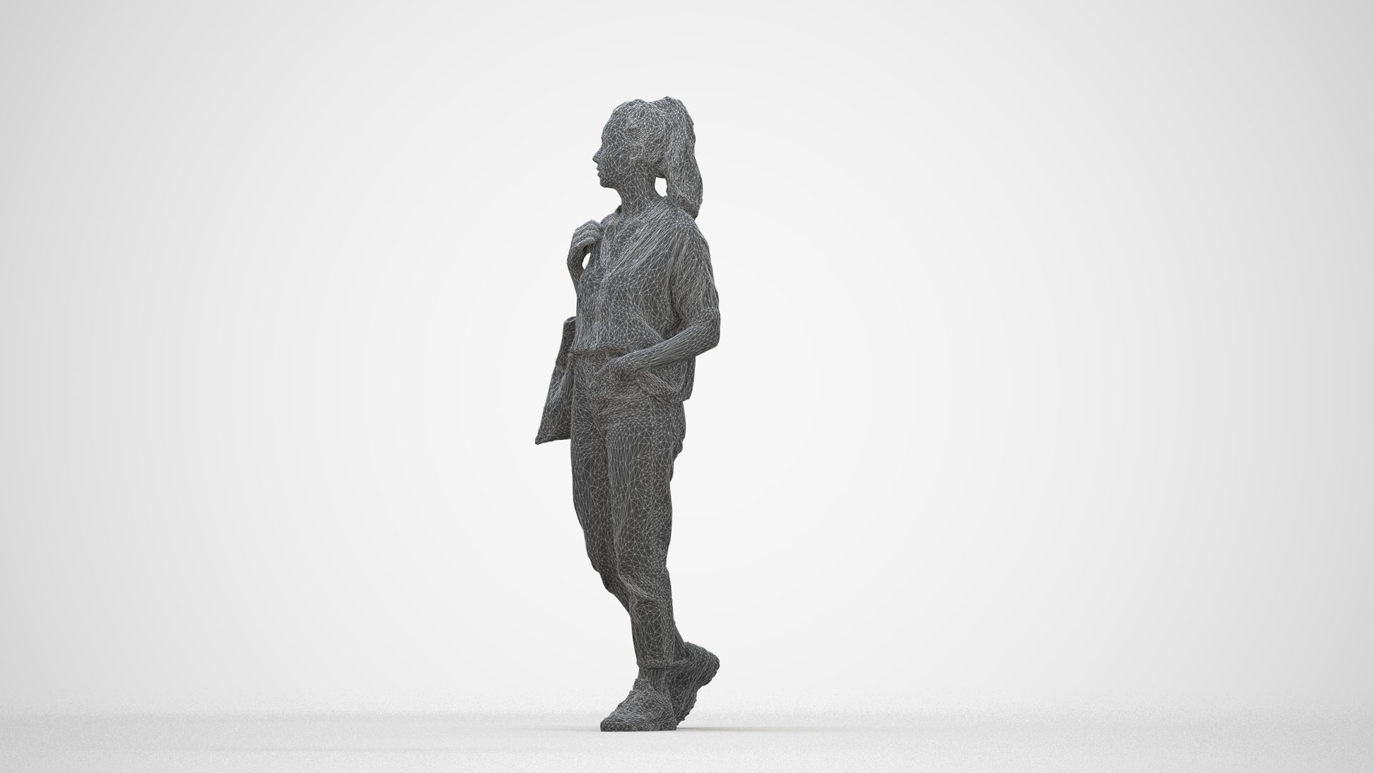 realistic 3D woman casual walking, scanned archviz people for Blender and 3ds Max, wireframe back view