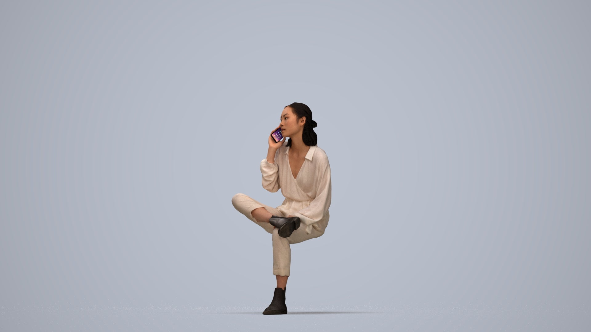 3D people model woman casual sitting, scanned human for 3ds Max rendering, top-down view render