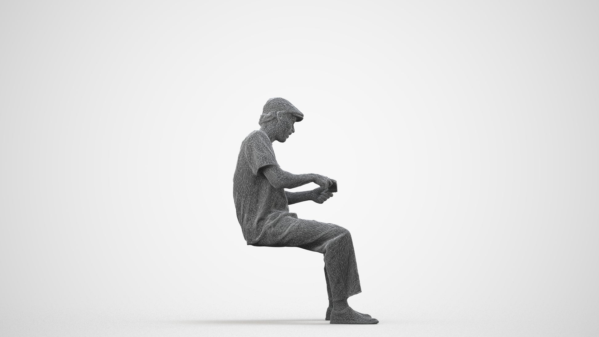 scanned 3D man casual sitting, photogrammetry people for Enscape and V-Ray, wireframe side view