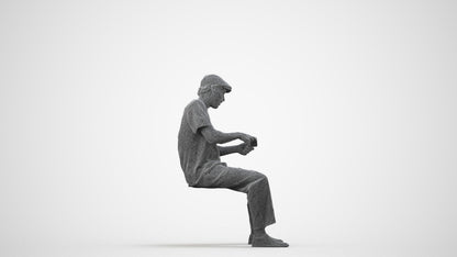 scanned 3D man casual sitting, photogrammetry people for Enscape and V-Ray, wireframe side view