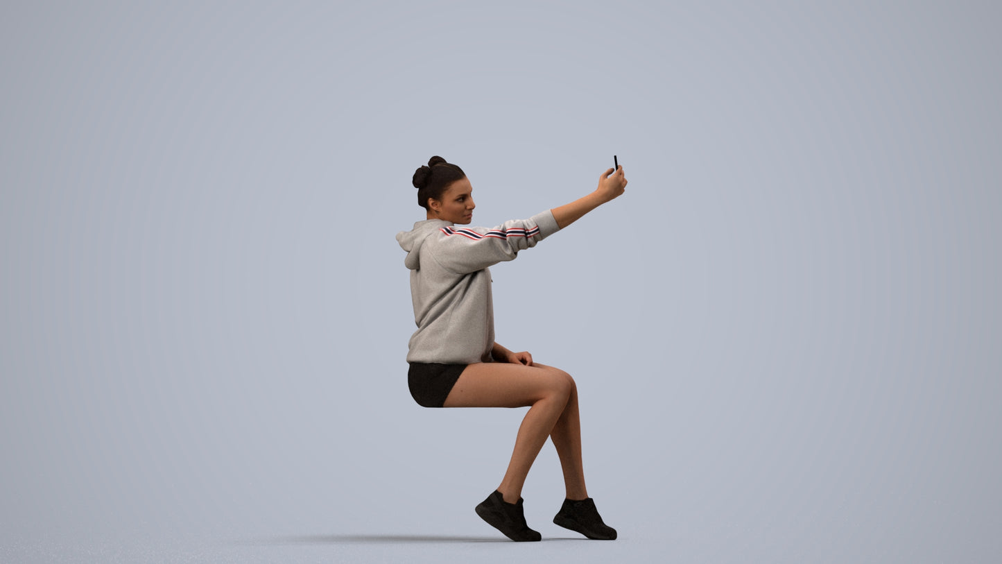 scanned 3D woman casual sitting, photogrammetry people for Enscape and V-Ray, side view render