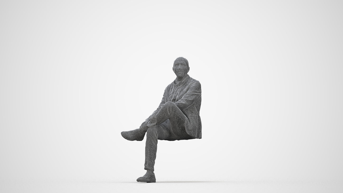scanned 3D senior man business sitting, photogrammetry people for Enscape and V-Ray, wireframe back view