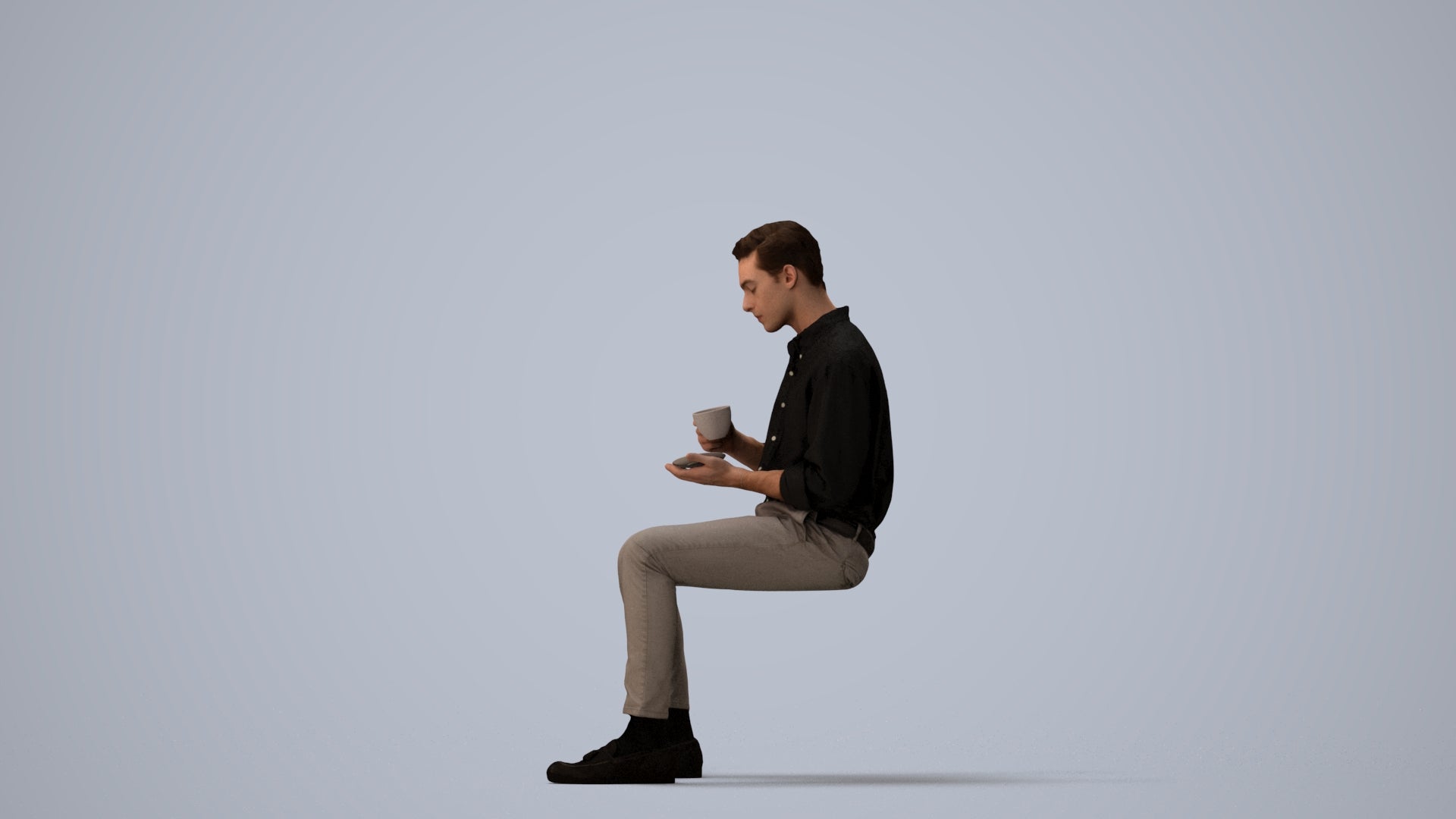 realistic 3D people man casual sitting, render-ready for V-Ray and Corona, FBX OBJ, three-quarter view render