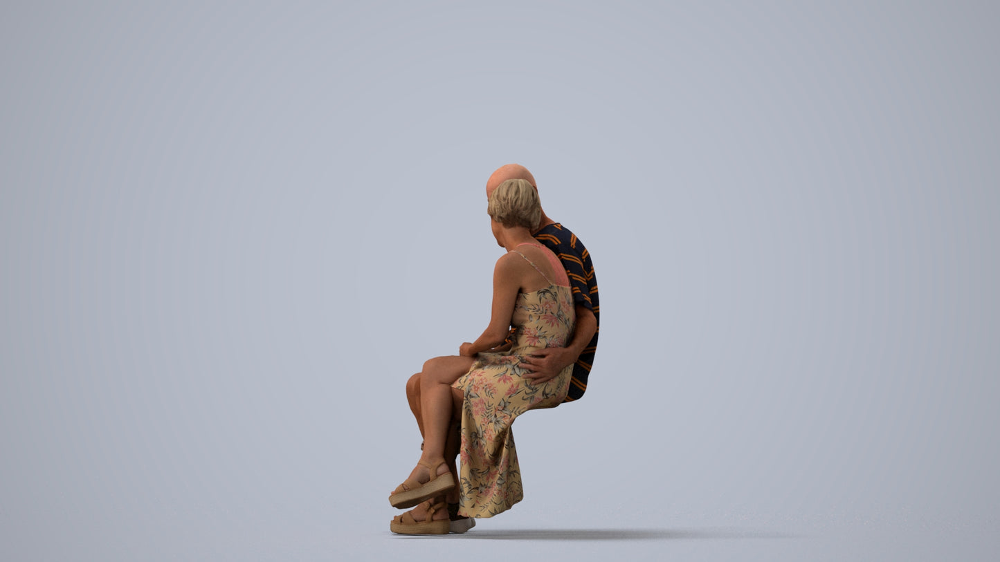 realistic 3D senior woman couple, scanned archviz people for Blender and 3ds Max, three-quarter view render