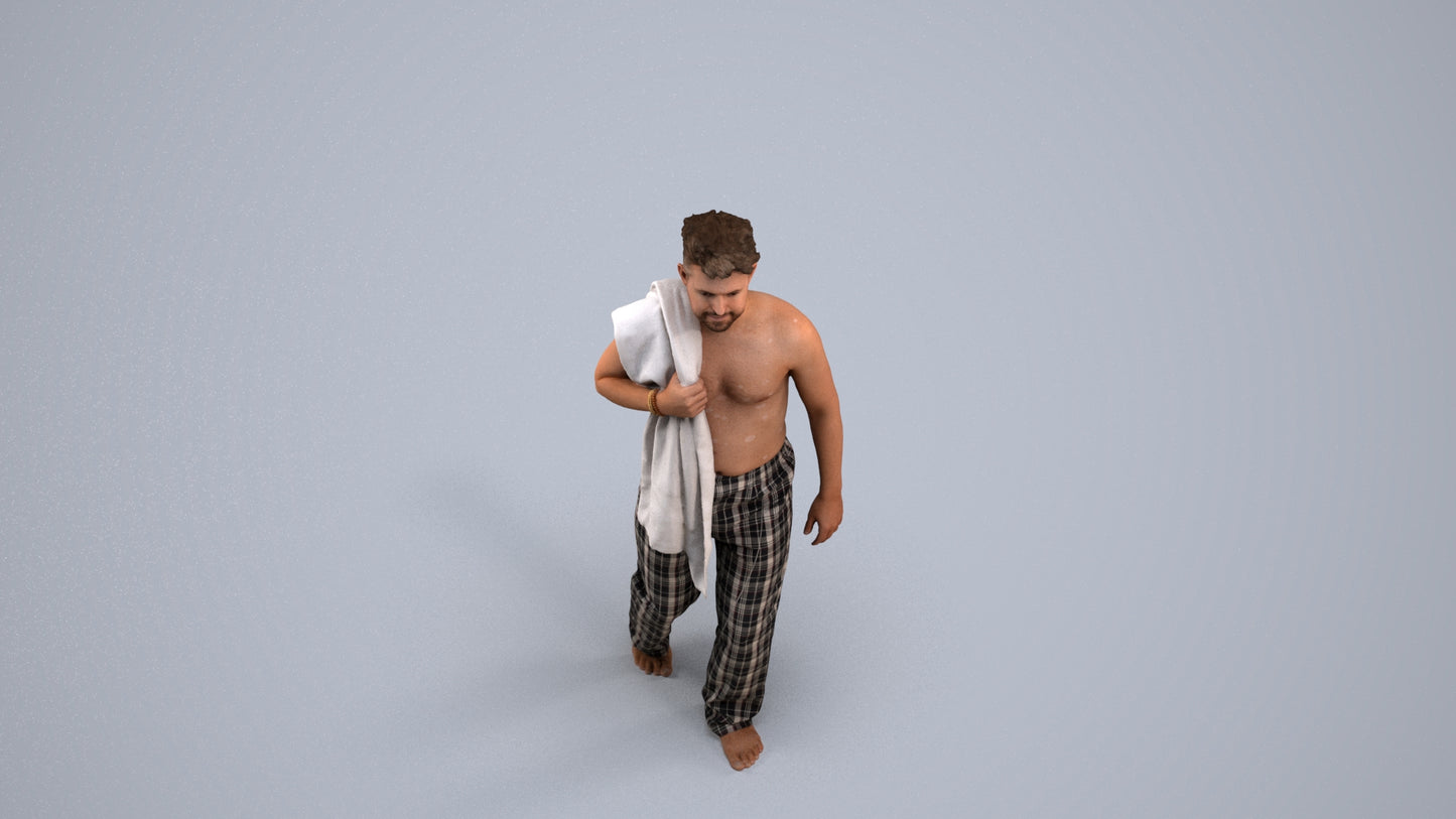 3D human model person bathroom, photogrammetry scanned person for archviz, back view render