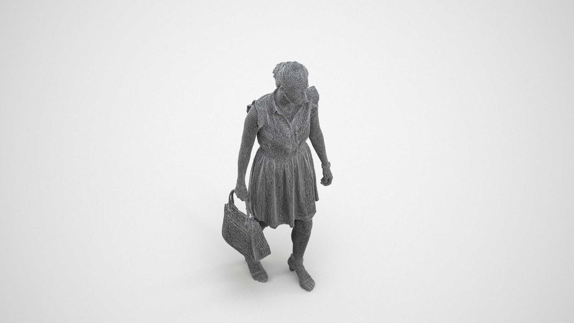 realistic 3D woman casual walking, scanned archviz people for Blender and 3ds Max, wireframe three-quarter view