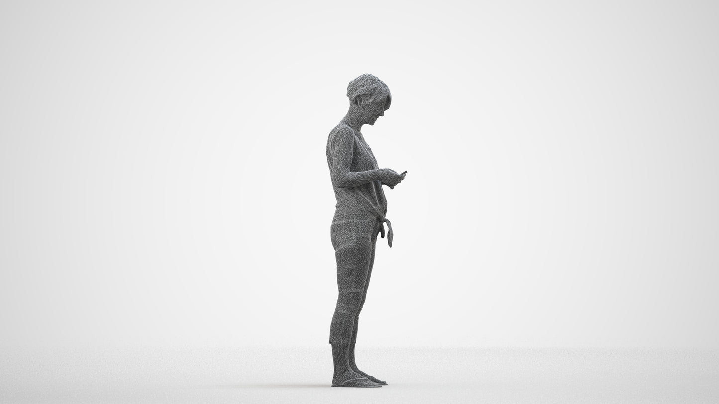 scanned 3D senior woman standing, photogrammetry people for Enscape and V-Ray, wireframe side view
