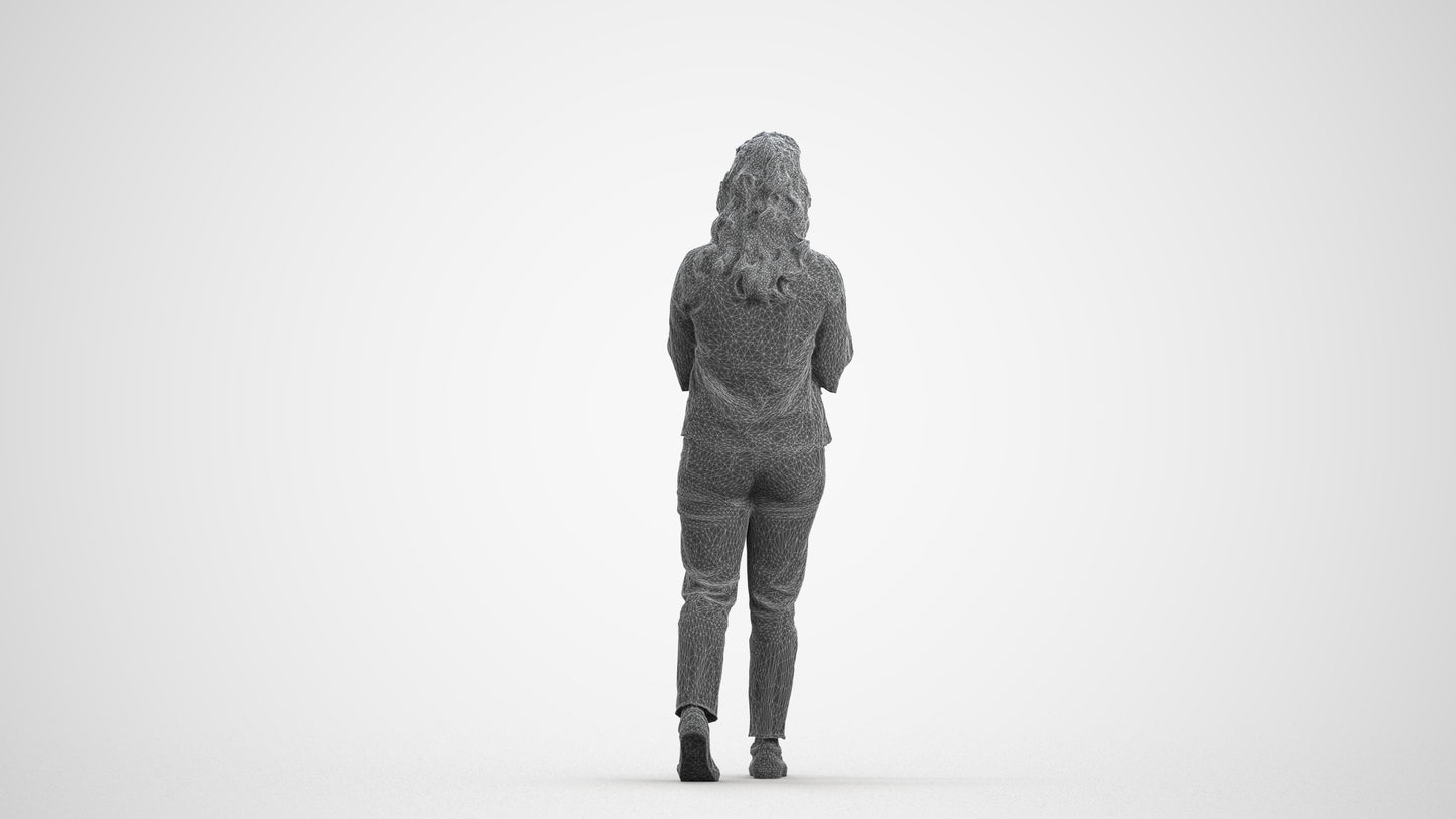 3D people model woman casual walking, scanned human for 3ds Max rendering, wireframe front view