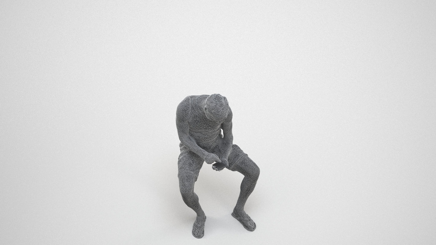 scanned 3D man casual sitting, photogrammetry people for Enscape and V-Ray, wireframe three-quarter view