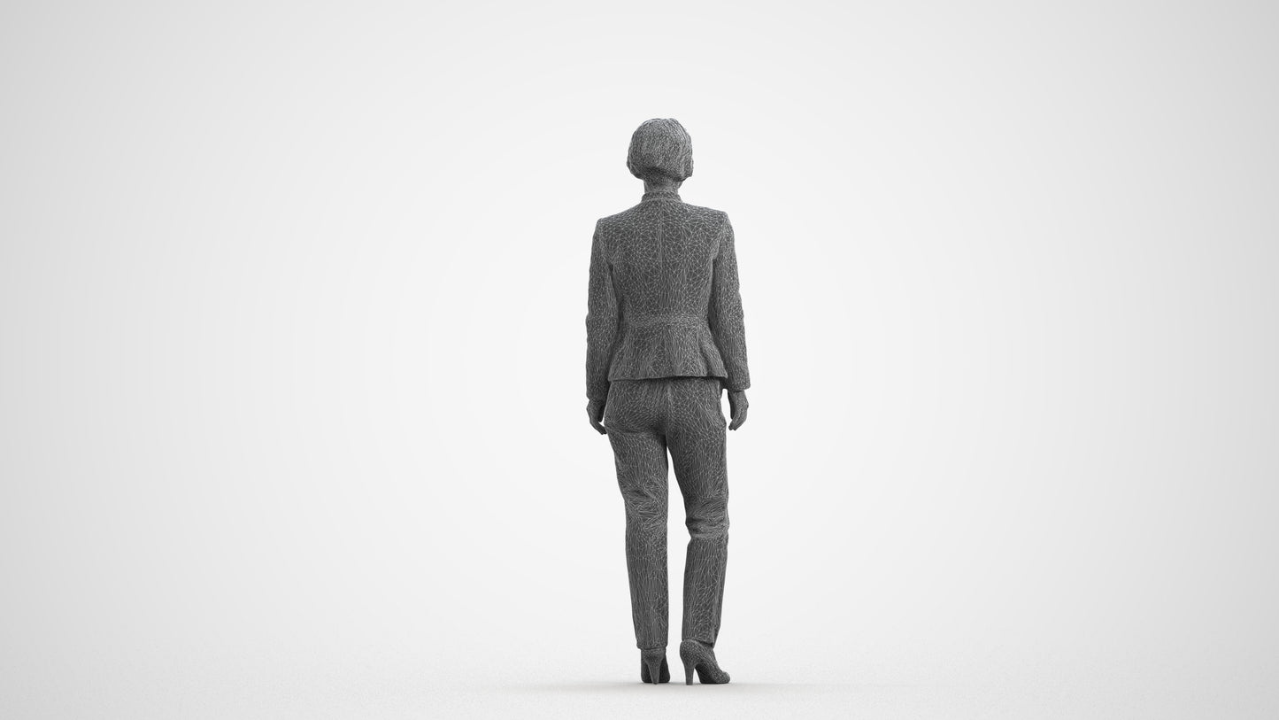 scanned 3D senior woman business standing, photogrammetry people for Enscape and V-Ray, wireframe front view