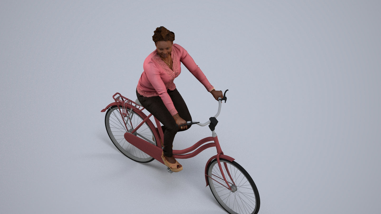 realistic 3D woman casual cycling, scanned archviz people for Blender and 3ds Max, back view render
