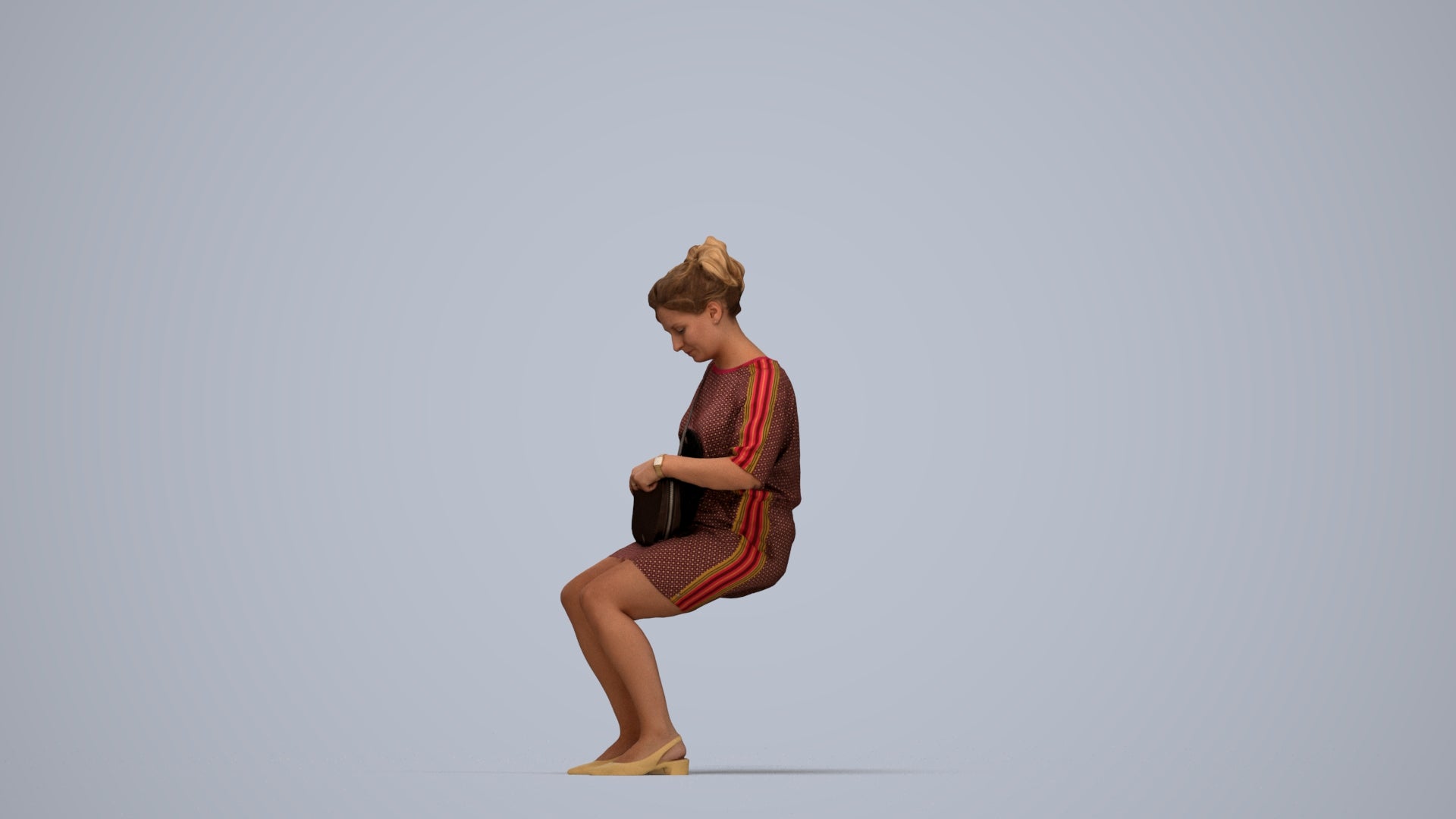 3D scanned woman sitting casual, photorealistic archviz people for Enscape and SketchUp, top-down view render