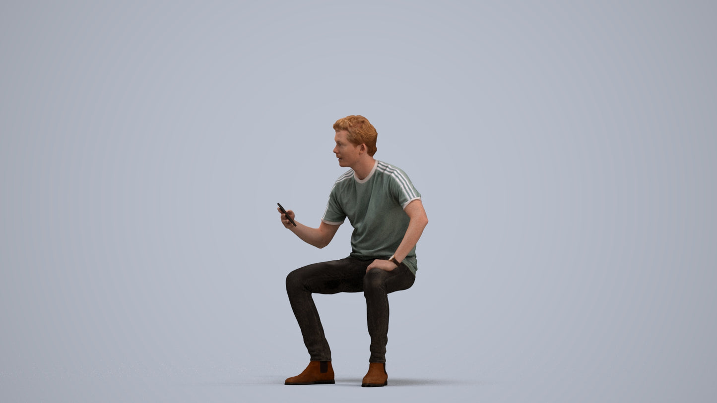 3D human model man casual sitting, photogrammetry scanned person for archviz, standing pose render