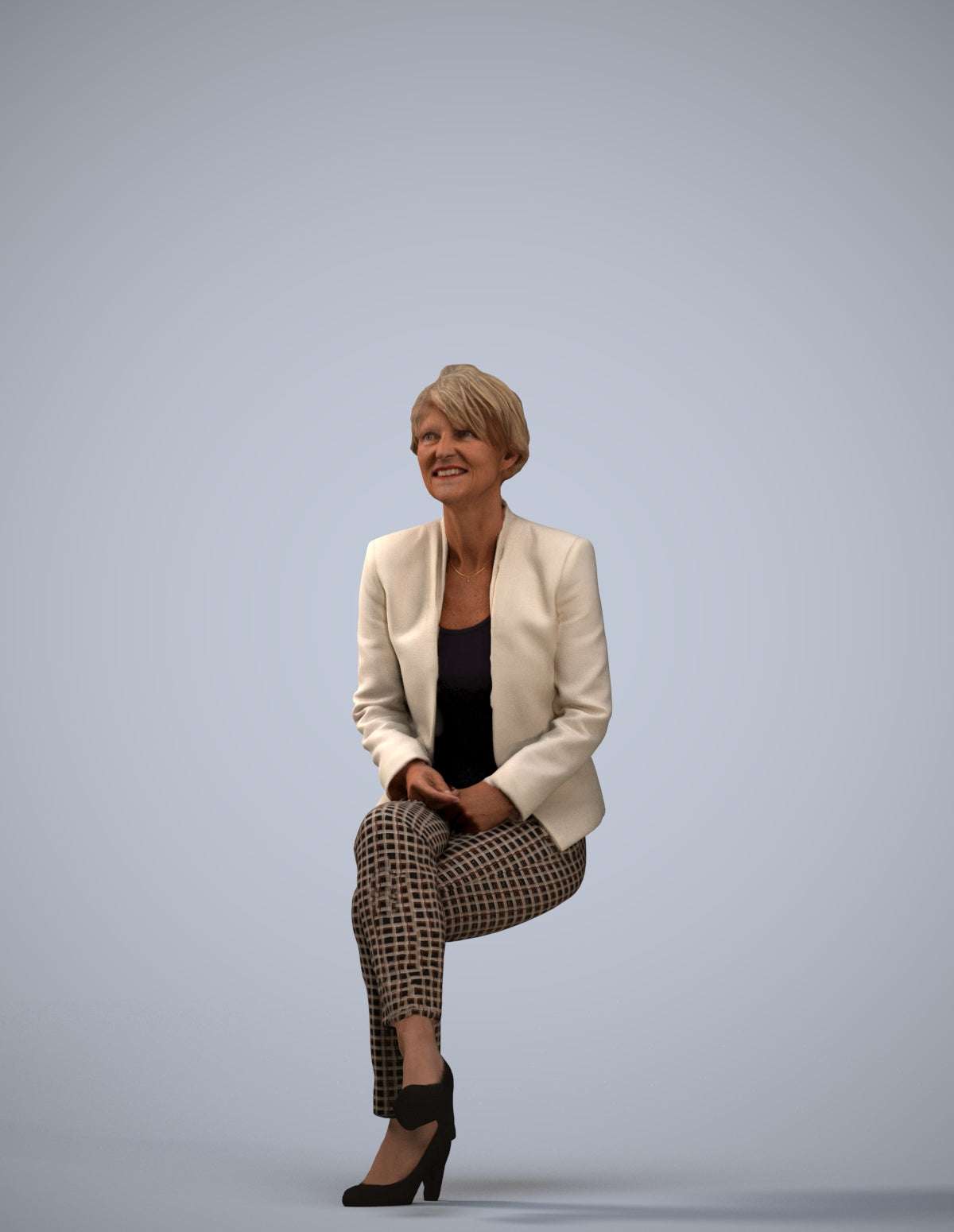 3D human model senior woman business sitting, photogrammetry scanned person for archviz