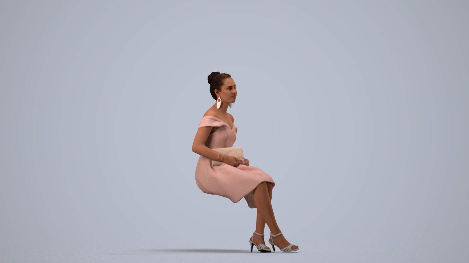3D human model woman formal, photogrammetry scanned person for archviz, side view render