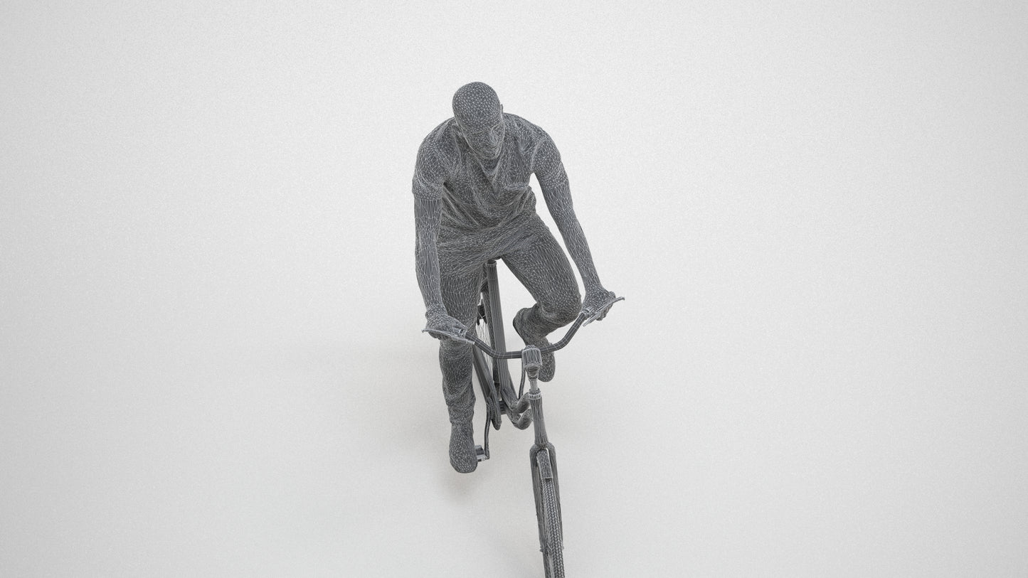 photogrammetry 3D man casual cycling, realistic human model archviz FBX, wireframe three-quarter view