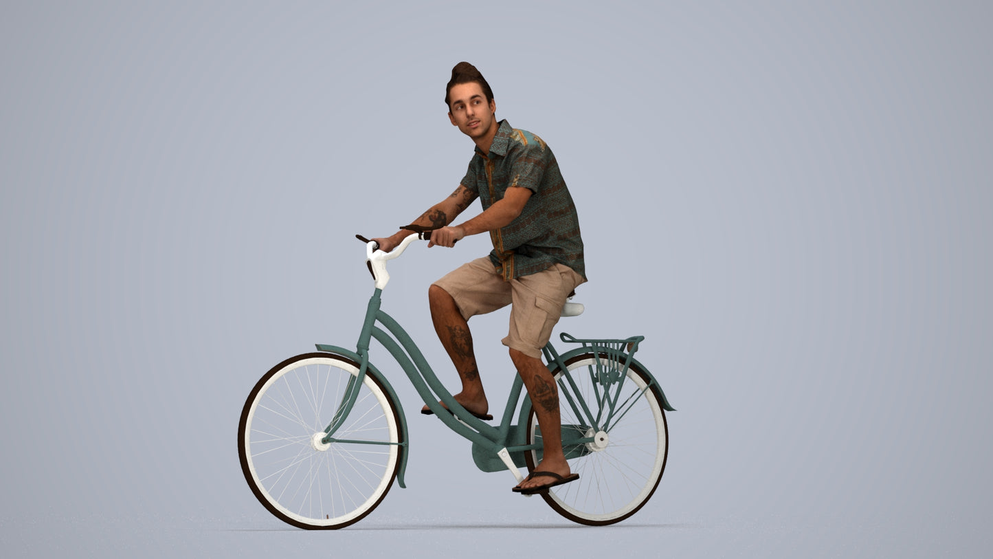 photogrammetry 3D man casual cycling, realistic human model archviz FBX, top-down view render