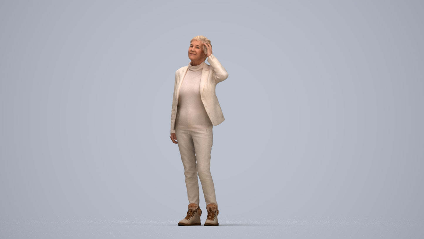 3D scanned senior woman standing business, photorealistic archviz people for Enscape and SketchUp, top-down view render