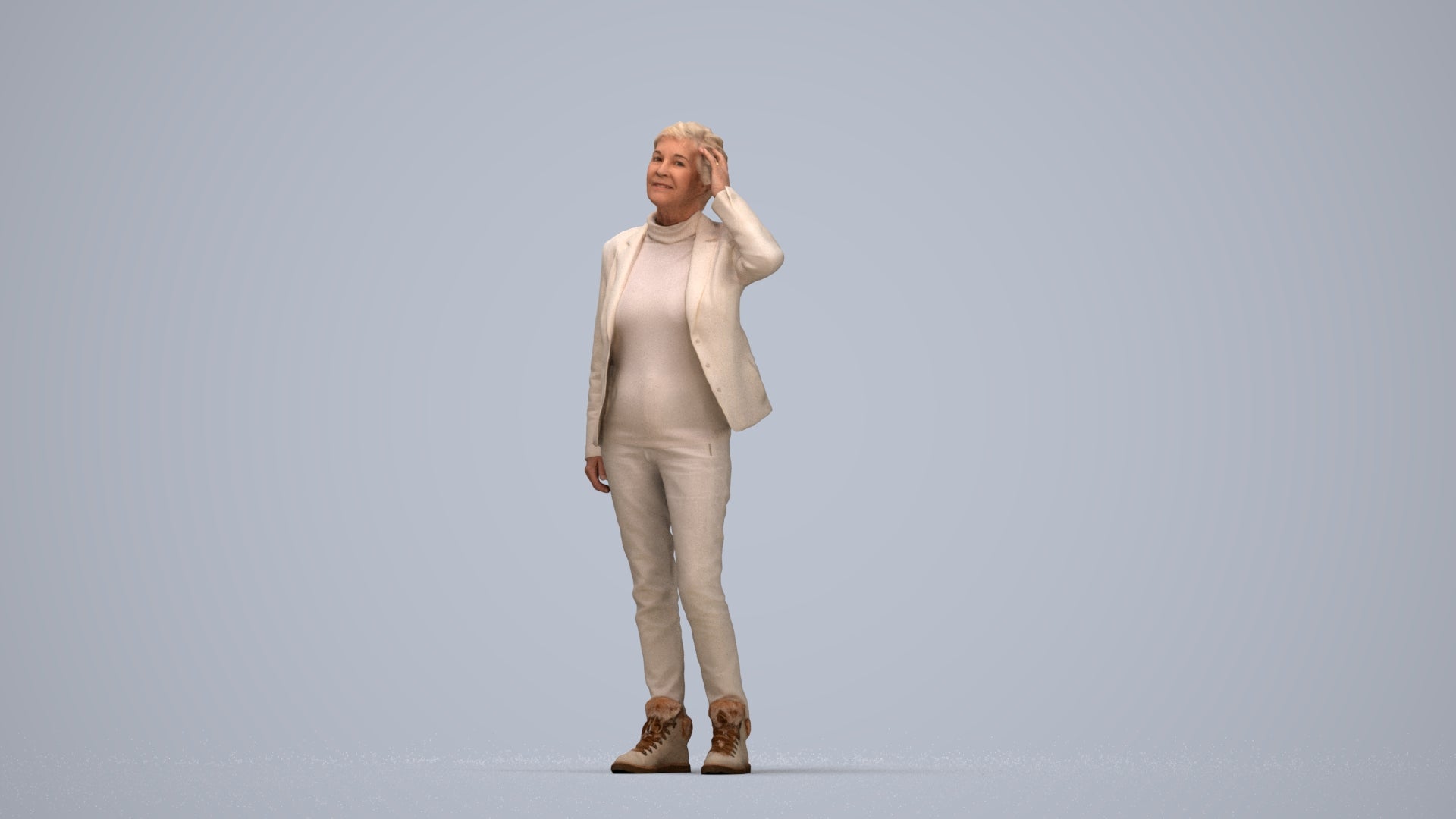3D scanned senior woman standing business, photorealistic archviz people for Enscape and SketchUp, top-down view render
