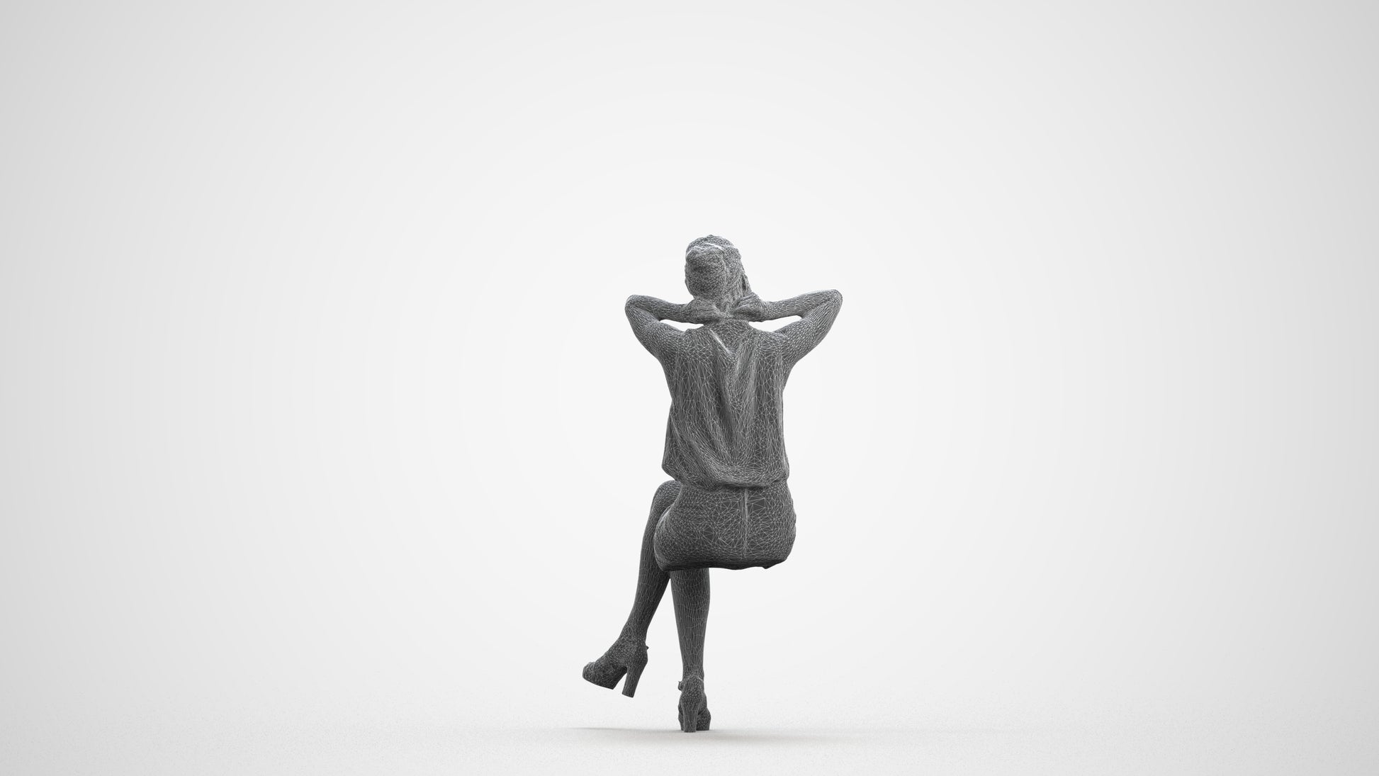 realistic 3D woman casual sitting, scanned archviz people for Blender and 3ds Max, wireframe front view