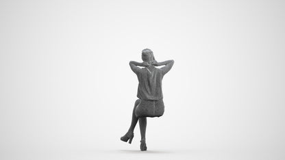 realistic 3D woman casual sitting, scanned archviz people for Blender and 3ds Max, wireframe front view