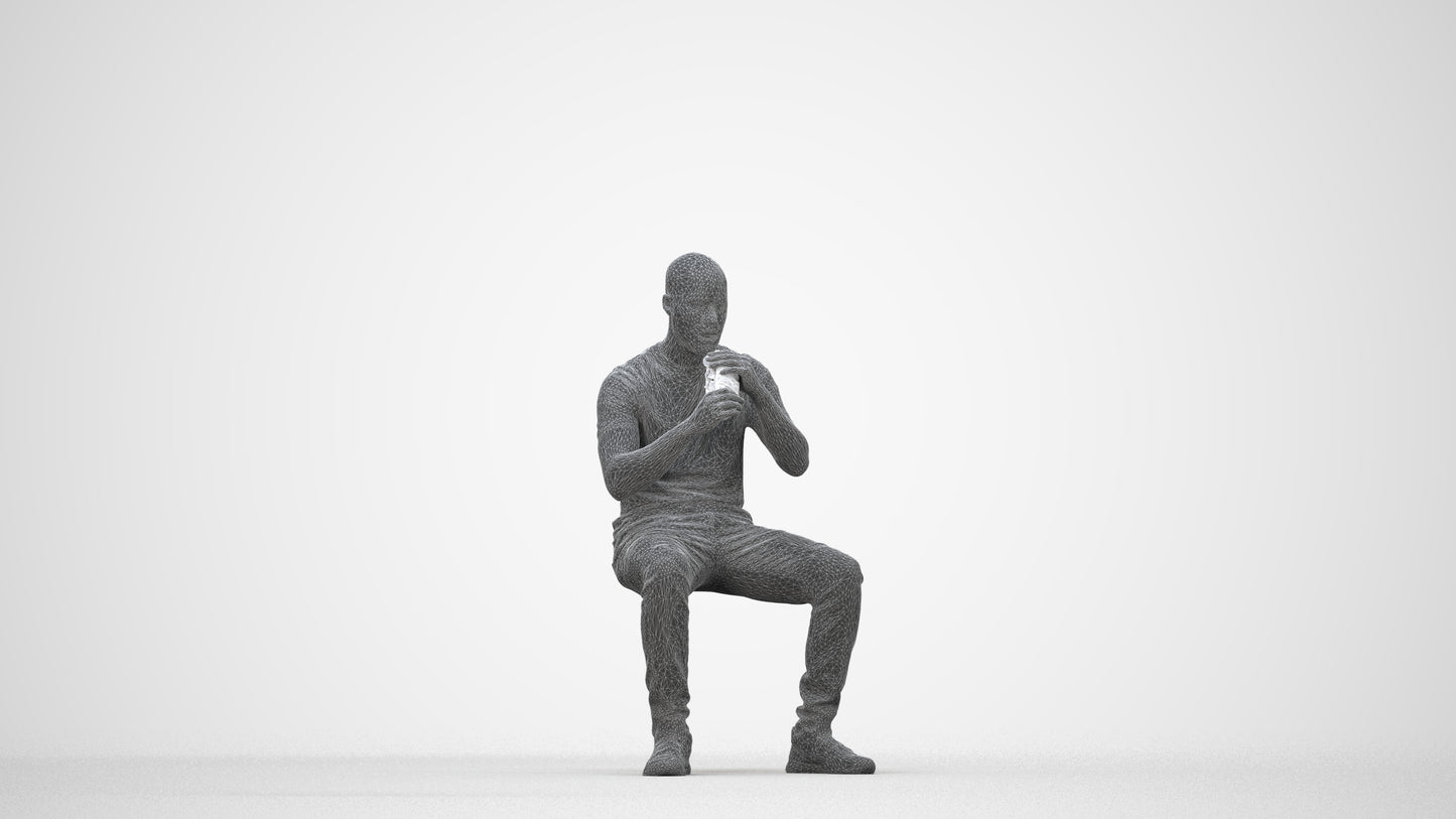 3D human model man casual sitting, photogrammetry scanned person for archviz, wireframe back view