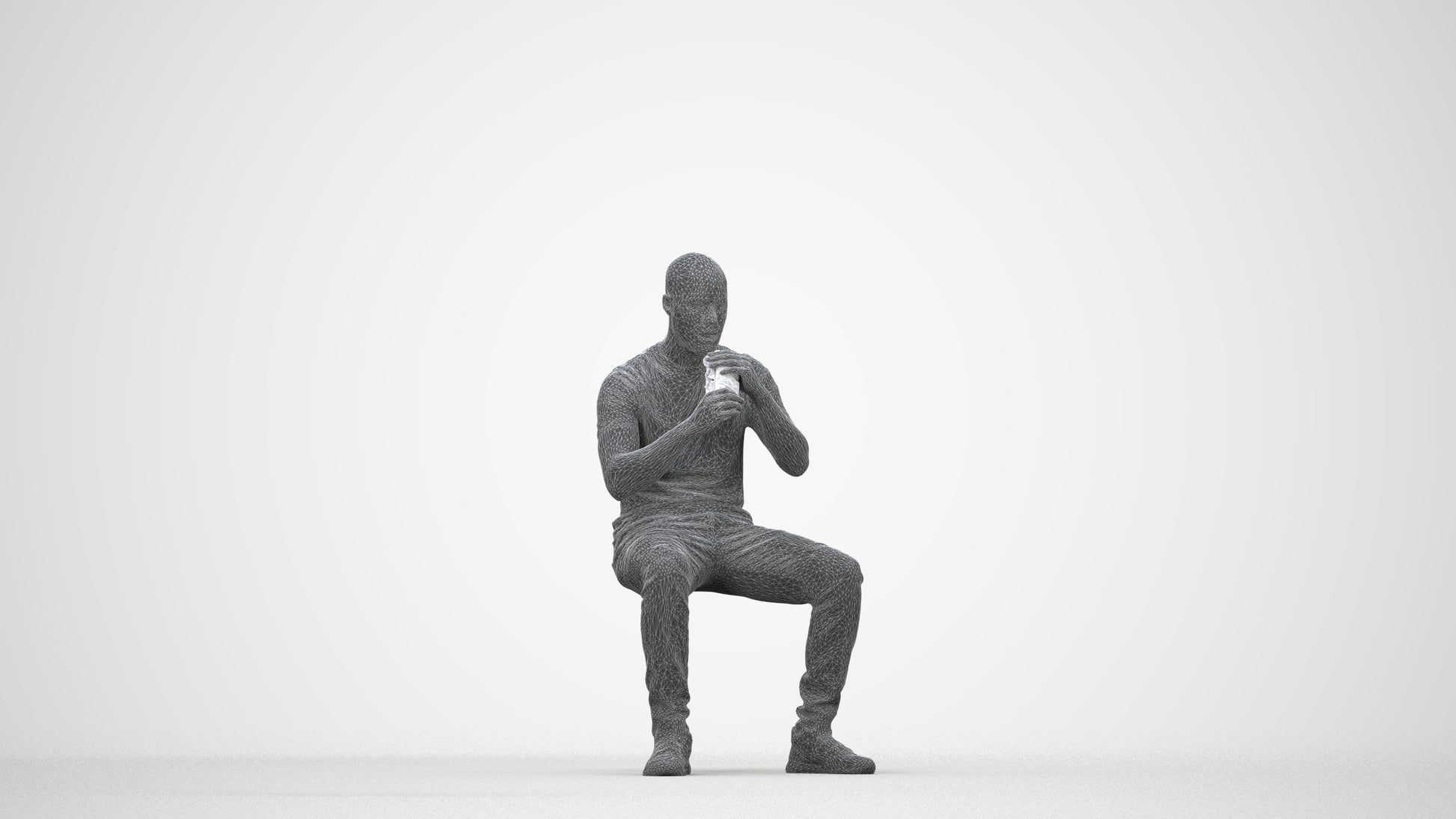 3D human model man casual sitting, photogrammetry scanned person for archviz, wireframe back view