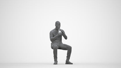 3D human model man casual sitting, photogrammetry scanned person for archviz, wireframe back view