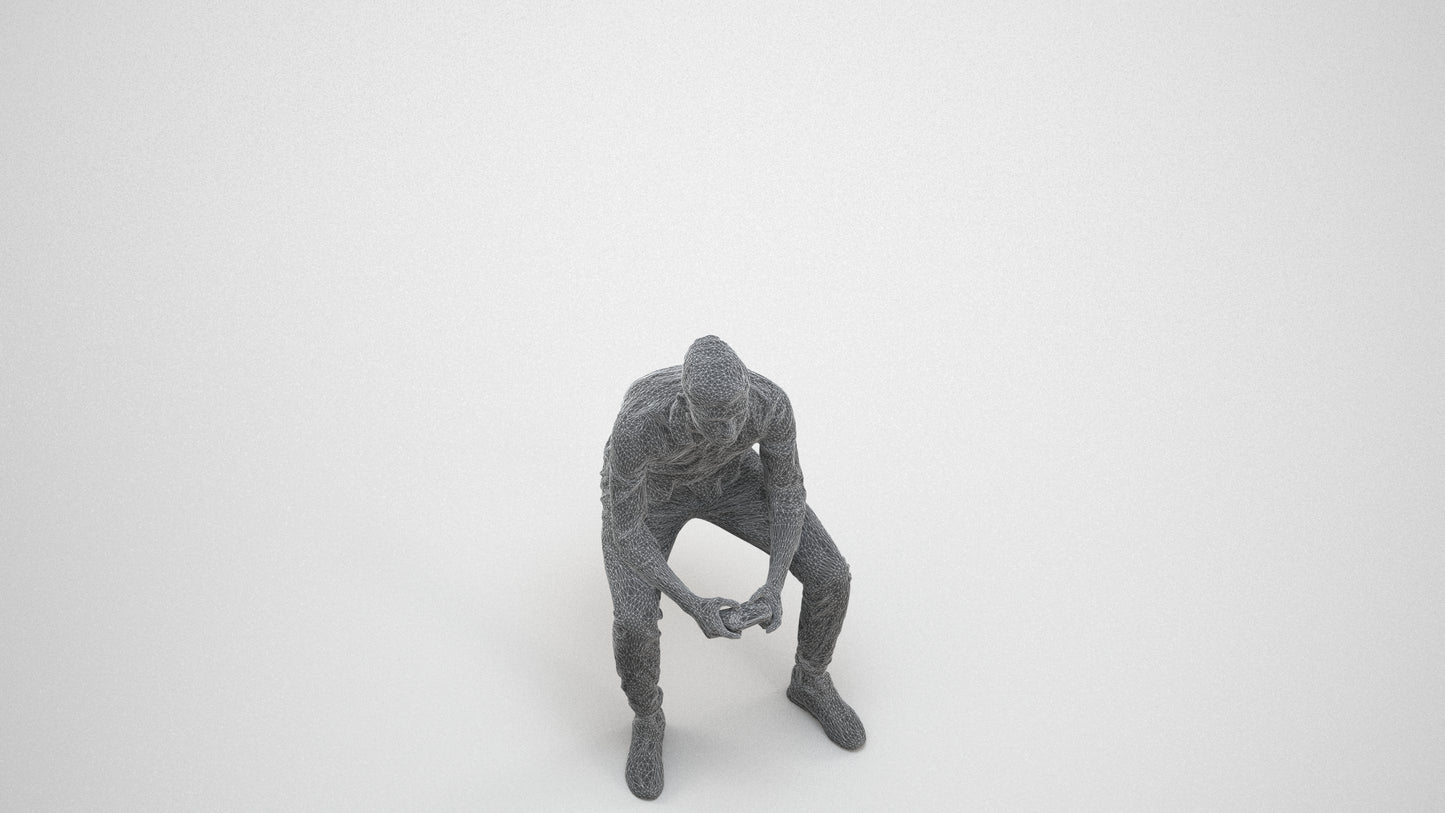 3D people model man casual sitting, scanned human for 3ds Max rendering, wireframe three-quarter view