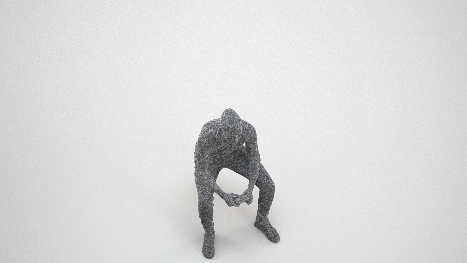 3D people model man casual sitting, scanned human for 3ds Max rendering, wireframe three-quarter view