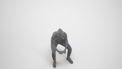 3D people model man casual sitting, scanned human for 3ds Max rendering, wireframe three-quarter view