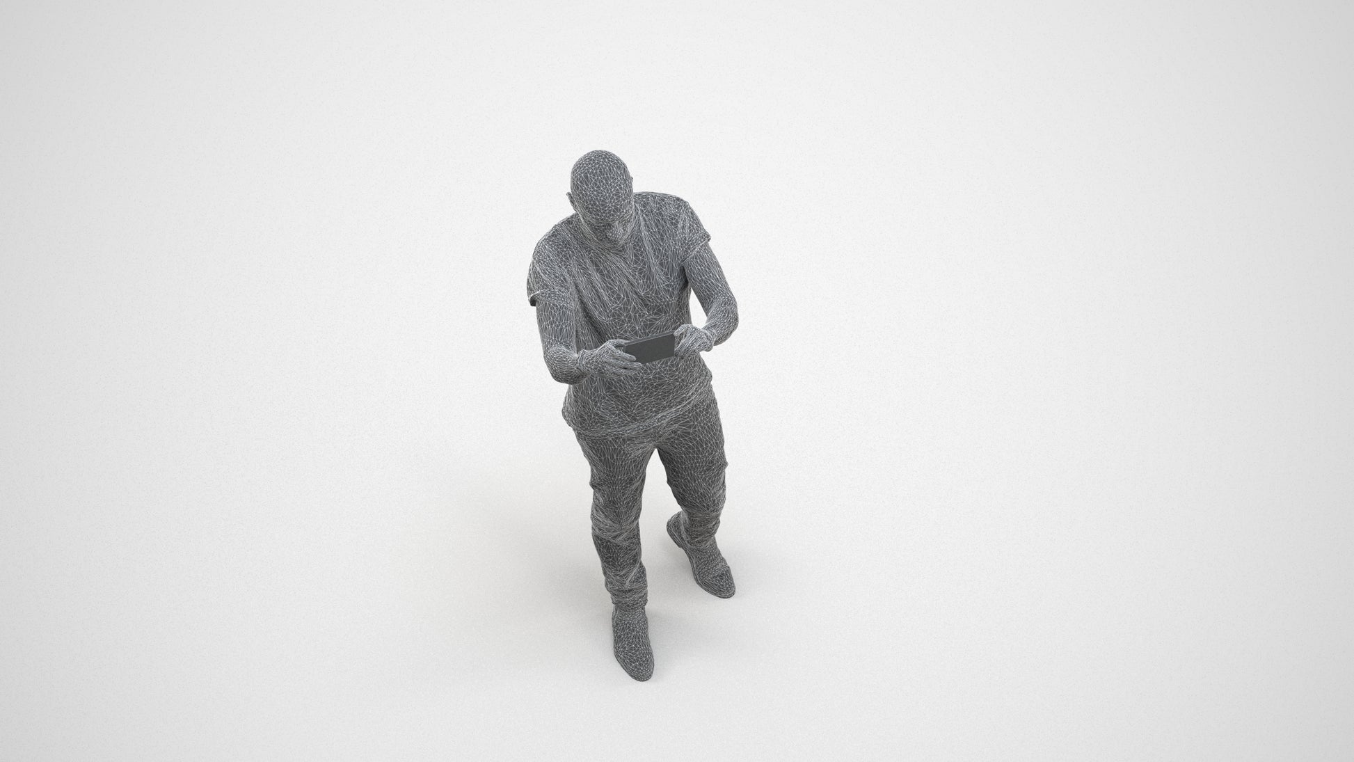 realistic 3D man casual standing, scanned archviz people for Blender and 3ds Max, wireframe three-quarter view