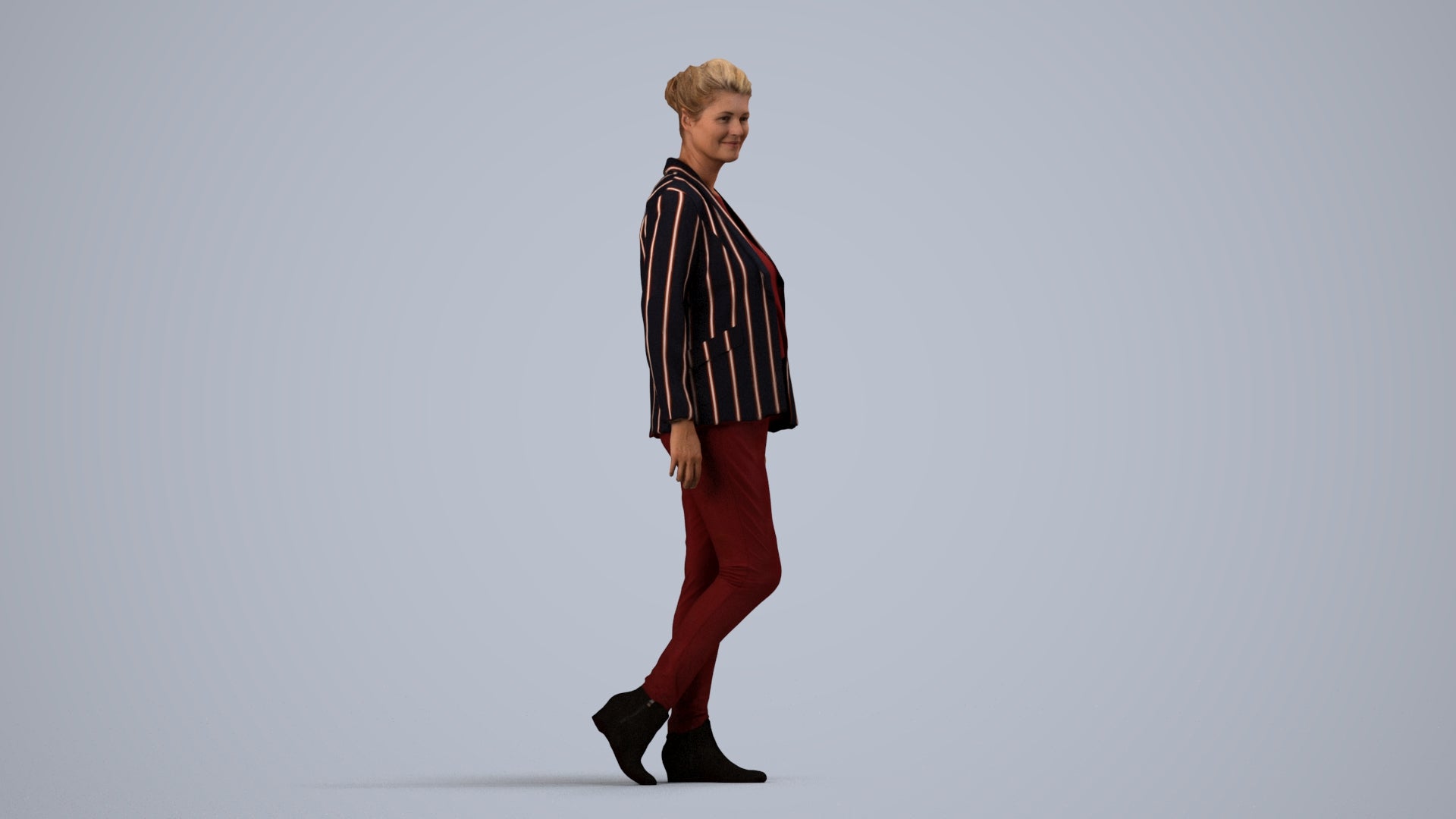 photogrammetry 3D woman business walking, realistic human model archviz FBX, side view render